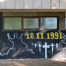 A mural on the waterfront promenade commemorates the 87th-day siege of Vukovar during the Croatian War of Independence in 1991